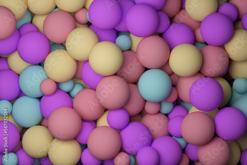 wallpaper with colored balls. Purple, yellow, brown and turquoise blue. 3d render. © Juan Hernandez
