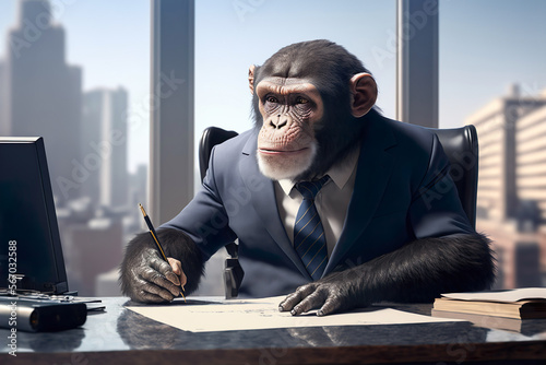 Monkey wearing suit in office , Businessman monkey sitting at office , Generative Ai