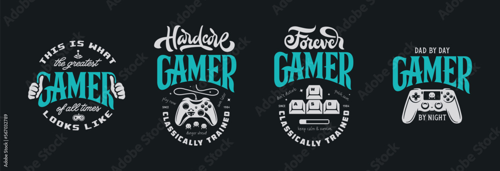 Video games related t-shirt design set. Hand drawn joystick gamepad controller. Gamer quote text phrase quotation. Vector vintage illustration.