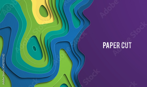 Colorful paper cutout. Paper cut banner concept. Paper carve blue gradient for card poster brochure flyer design in blue colors. 3d abstract background