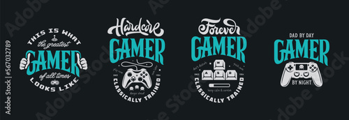 Video games related t-shirt design set. Hand drawn joystick gamepad controller. Gamer quote text phrase quotation. Vector vintage illustration.