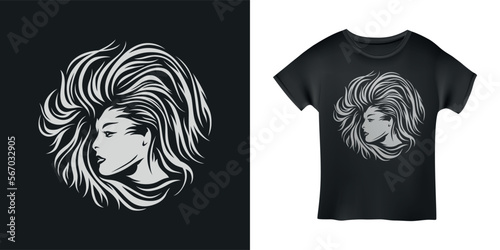 Woman head profile with long hair emblem. Fashion hair salon logo advertising template. T-shirt retro style vector illustration.
