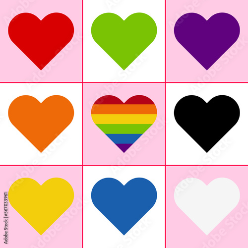 Colorful hearts in pink and white grid. Rainbow heart on Valentine's day, pride, love and couple relationship.
