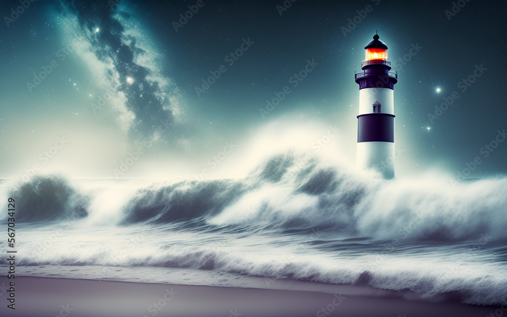 Lighthouse on the sandy beach and Milky Way on the sky.Generative Al Illustration.