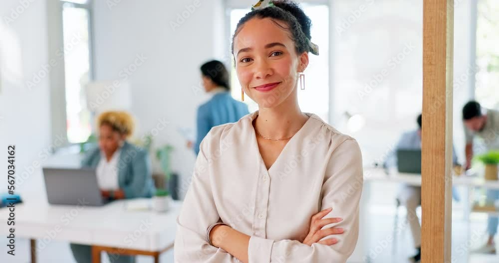 Arms crossed, pride and portrait of a business woman with confidence, happiness and smile in office. Expert, success and employee with trust, smiling and happy about job at a corporate company Arms crossed, pride and portrait of a business woman with confidence, happiness and smile in office. Expert, success and employee with trust, smiling and happy about job at a corporate company