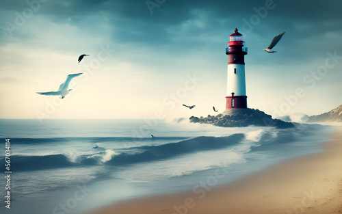 Lighthouse on the edge of a sandy beach. Generative Al Illustration.