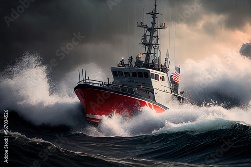 Obraz na płótnie coast guard boat smashing through rough waters to get to a burning boat