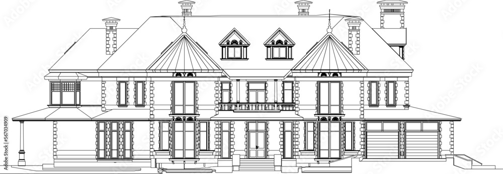 Vector sketch of classic old wooden house design illustration.