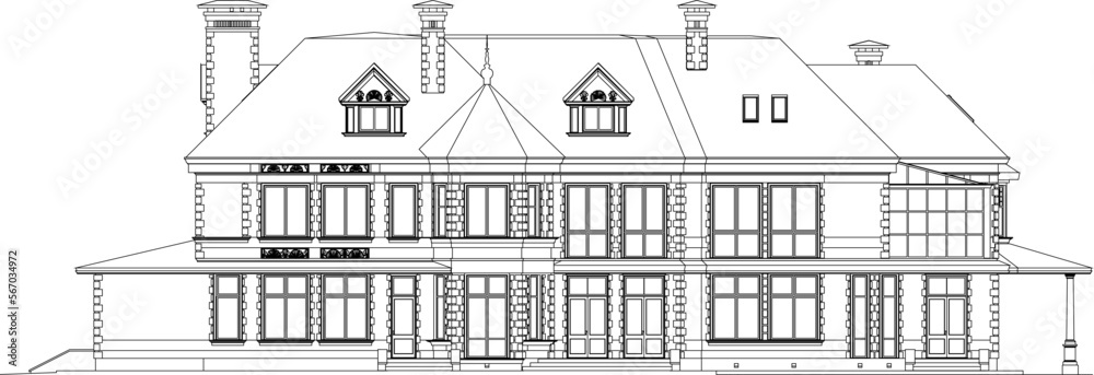Vector sketch of classic old wooden house design illustration
