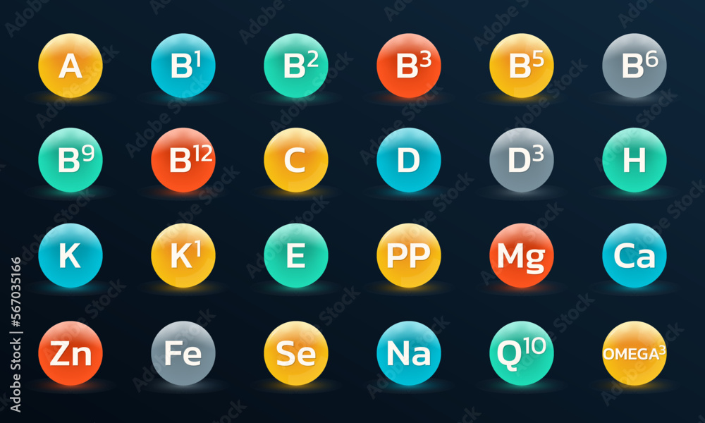 Vitamin, mineral 3d icon set. Nutrition, food supplement design. Multivitamin complex with C, B, E, D vitamins. Vector illustration. Vitamin, mineral 3d icon set. Nutrition, food supplement design. Multivitamin complex with C, B, E, D vitamins. Vector illustration.