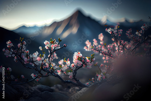 Peach Blossoms Blooming under Nanjiabawa Peak in Tibet, China photo