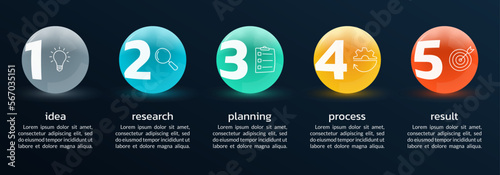 5 steps, options infographic with business icons and five numbers. Timeline info graphic design with 3d balls. Modern presentation layout, flow chart. Process diagram, sequence concept. Vector illustr