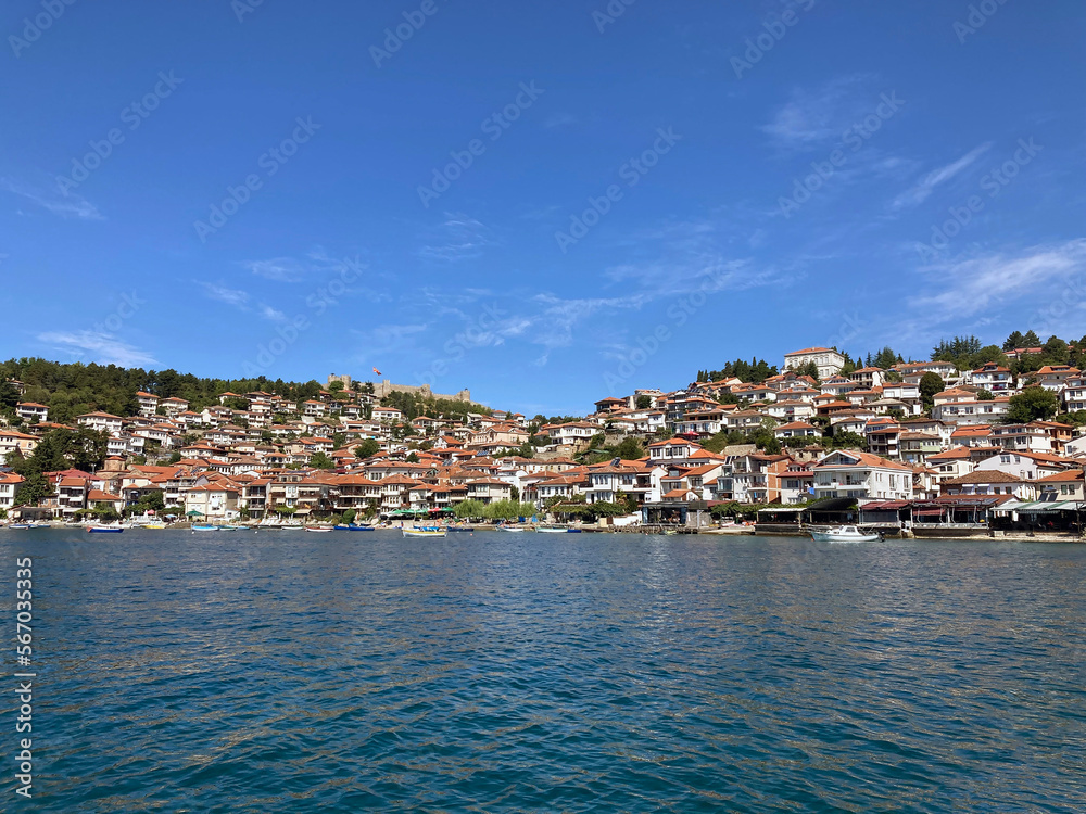 Ohrid old town on mountain view from lake