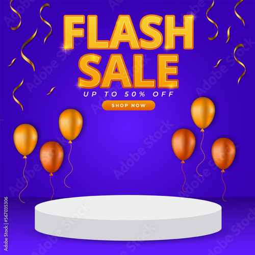 Flash sale banner with podium and ballon template design
