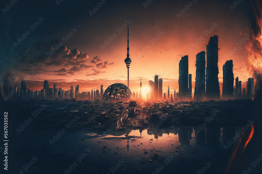Abandoned Berlin City in the future. Empty roads and a dystopian atmosphere in a post-apocalyptic        Germany - Generative AI
