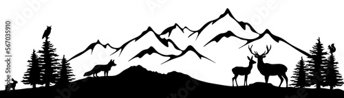 Black silhouette of wild forest animals mountains and forest fir trees camping landscape panorama illustration icon vector for logo, isolated on white background