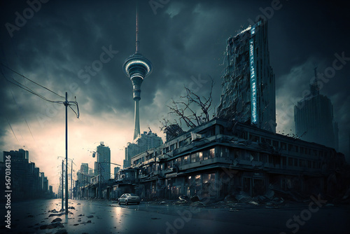 Abandoned Berlin City in the future. Empty roads and a dystopian atmosphere in a post-apocalyptic Germany - Generative AI 