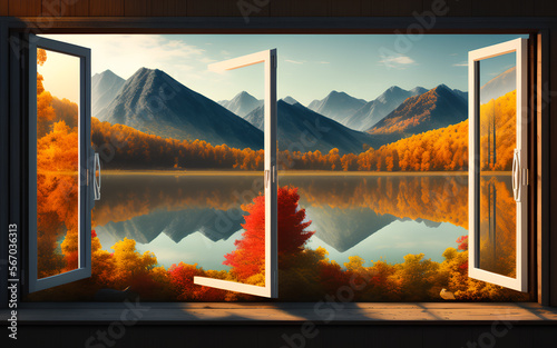 View to the window on autumn landscape. Generative Al Illustration.