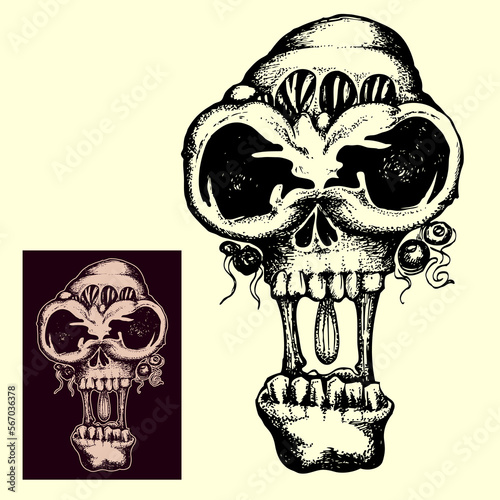 steampunk and caricatural skull hand draw illustration