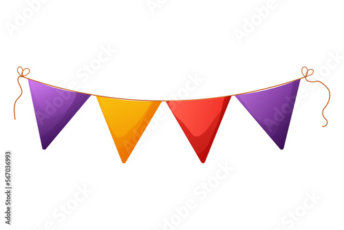 Birthday garland, hanging flags, bright ribbon or decoration in cartoon style isolated on white background.