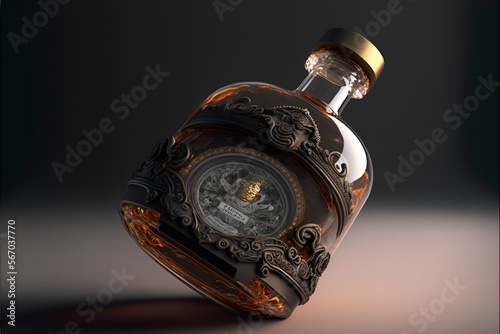 Generative AI illustration of  whiskey glass of 64 year old Generative Asingle malt bottle with gold and diamond details, the most expensive whiskey  photo