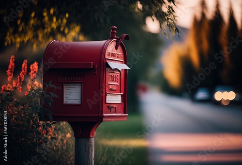 red mailbox with nature blur background, Generative Ai © QuietWord