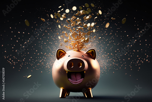 porco cofre dourado do dinheiro feliz explodindo em riquezas e alegria  photo
