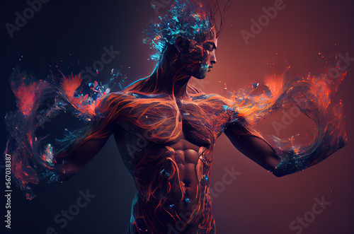 Human-like robotic surreal character consisting of particles that look like fire against dark blue background. Generative AI
