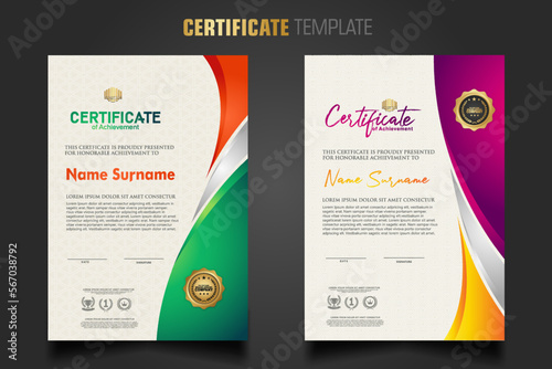 Modern certificate template with beautiful combination color on waving shape background