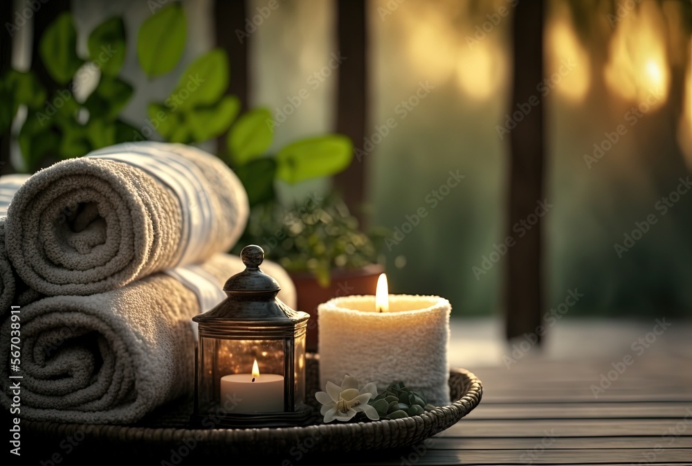 illustration of spa skin care product set decoration, towel candle, oil bottle, Generative Ai - obrazy, fototapety, plakaty 