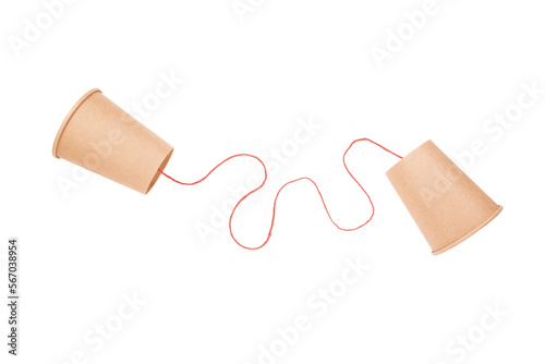 Old style cup phone with red string isolated on white background, two way communication, sender and receiver, communicate with each other