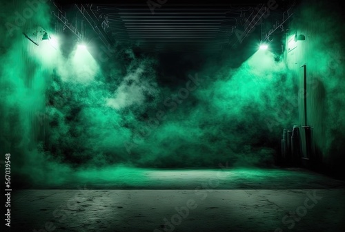 green spotlights shine on stage floor in dark room  idea for background  backdrop  mock up  Generative Ai 