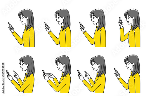 スマホの画面を見る、操作する女性の表情セット　シンプルカラー