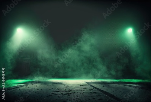 green spotlights shine on stage floor in dark room, idea for background, backdrop, mock up, Generative Ai 