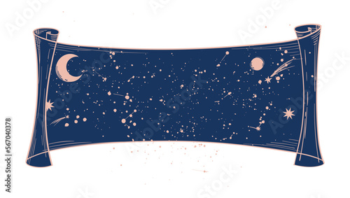 Mystical paper scroll with stars, galaxy map with copy space. Flat vector illustration of astrology, tarot, mystical papyrus isolated on white background. Heavenly design.