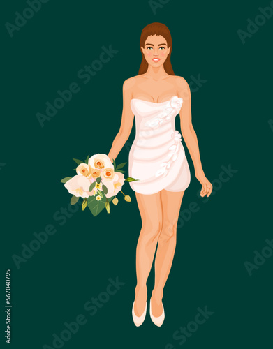 Beautiful young bride in short wedding dress with elegant bouquet. Woman in white dress with flowers.