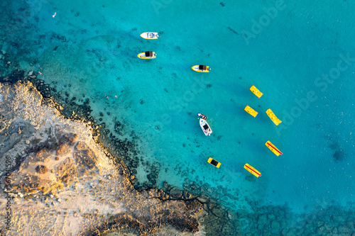 Aerial drone photograph of watersport boat equipment at fig tree bay beach Protaras cyprus