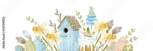 Watercolor blue birdhouse, Easter cake, eggs and botanical elements banner