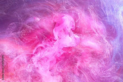 Gentle Pink abstract ocean background. Splashes, drops and waves of paint under water, clouds of smoke in motion