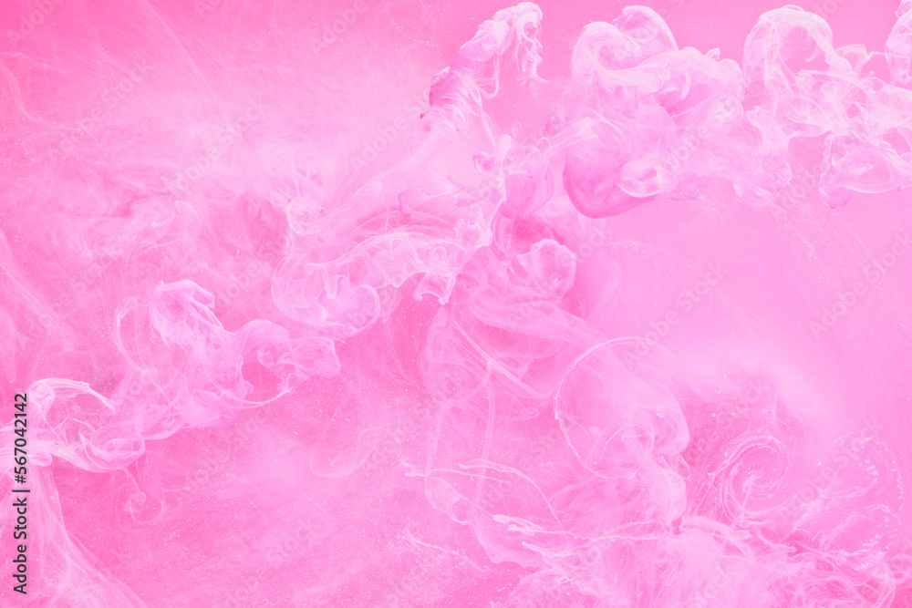 Fototapeta premium Gentle Pink abstract ocean background. Splashes, drops and waves of paint under water, clouds of smoke in motion