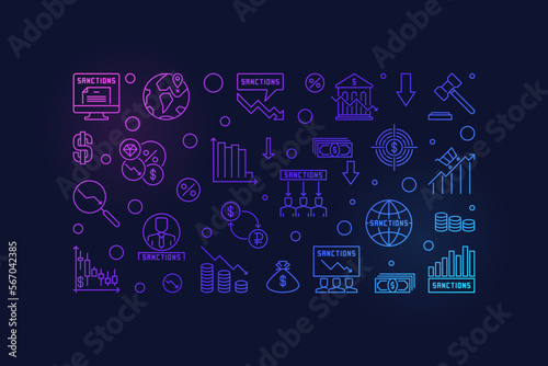 Sanctions horizontal colorful outline banner. Political Penalties creative illustration