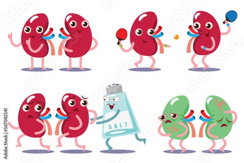 kidney vector, illustration flat cartoon character positive good health through exercise, happy, smile, strong, run away, avoid salt and negative unhealthy weak ,ill, sick.
