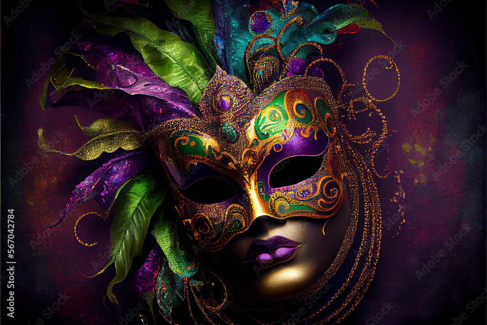 Festive Grouping of mardi gras, venetian or carnivale mask illsutration on a purple background. Generating Ai. Festive Grouping of mardi gras, venetian or carnivale mask illsutration on a purple background. Generating Ai.