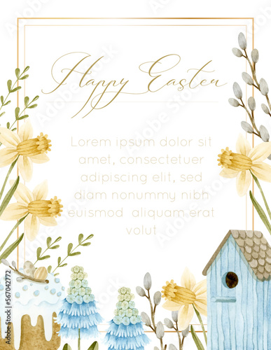 Watercolor blue birdhouse, Easter cake with eggs, hyacinth and narcissus. Golden frame template for invitation.