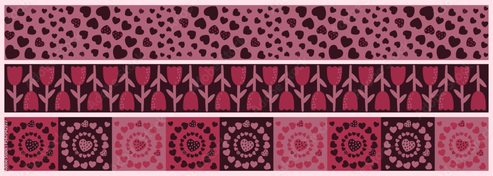 A set of edging, ribbons, borders of hearts, flowers. Seamless pattern, ornament, decoration on the theme of love romance. Vector illustration. A set of edging, ribbons, borders of hearts, flowers. Seamless pattern, ornament, decoration on the theme of love romance. Vector illustration.