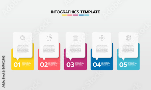 Business infographic template process with simple geometry square, rectangle, circle, triangle, curves in flat design template with thin line icons and 5 options or steps. Vector illustration.
