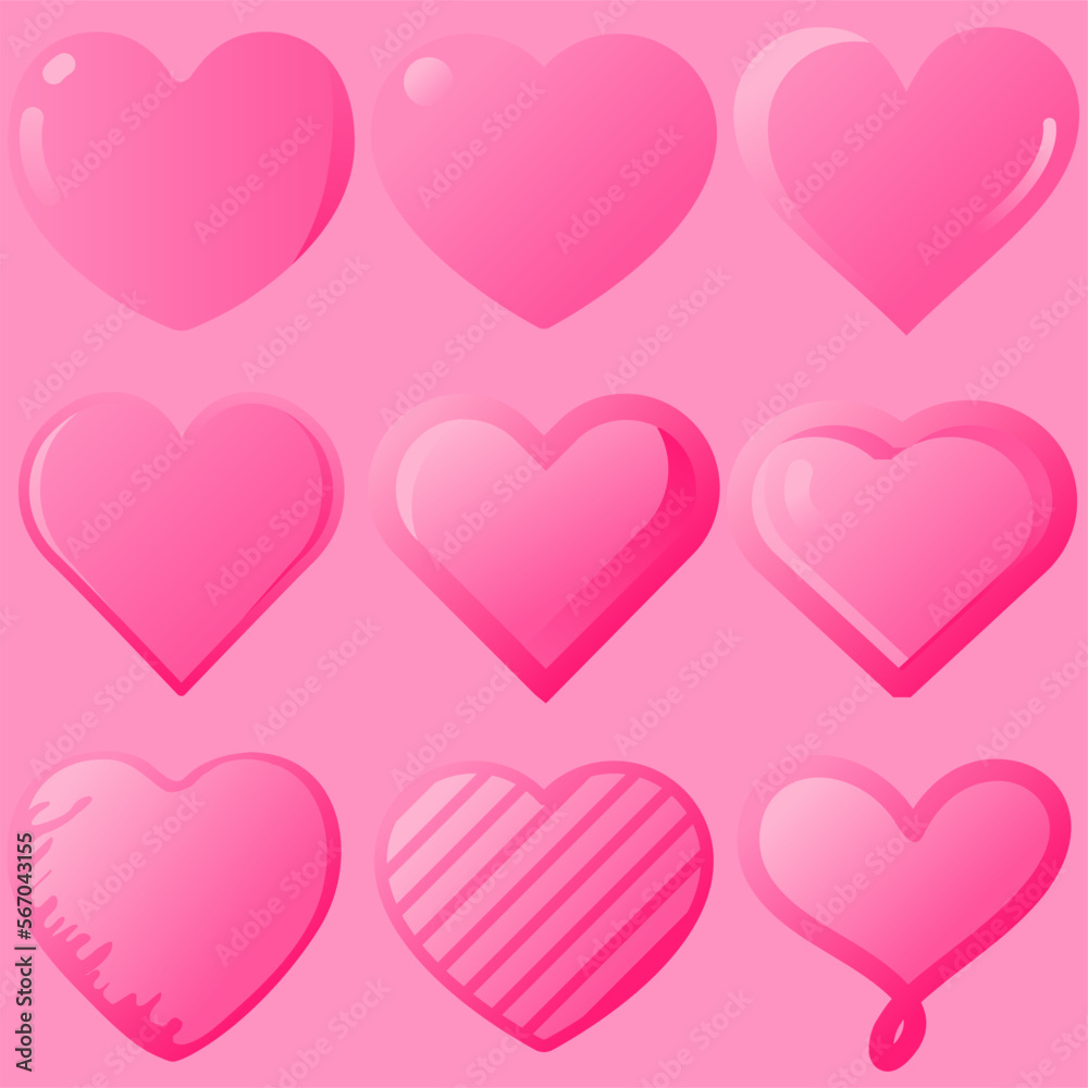 Valentine hearts vector illustration. Valentine's day symbol icon. Shiny pink love heart graphic resource design. Set of valentine heart collection