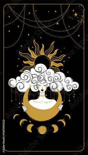 Mystical astrological woman with sun and moon, witch tattoo, tarot card, zodiac sign. Magic vector illustration on sky background.