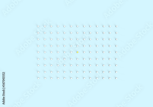 A pattern of geometric shapes. Cubes on a blue background. 3d render on the theme of background, covers, website, technology, abstraction. Yellow cube in the center. Modern minimal style. photo