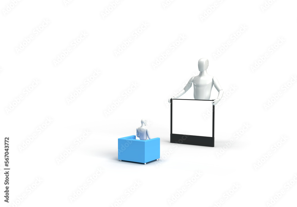 A modern human robot sits on the couch and looks at the screen. 3d render on the topic of video, neural networks and artificial intelligence. Transparent background. A modern human robot sits on the couch and looks at the screen. 3d render on the topic of video, neural networks and artificial intelligence. Transparent background.